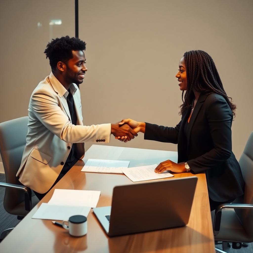 Hiring manager shaking hands with a candidate across an office desk