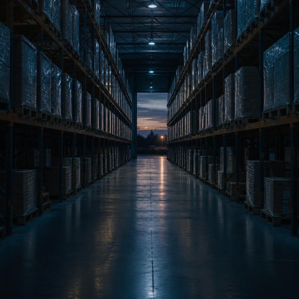 Warehouse aisle at dusk representing hidden risk in low-cost staffing